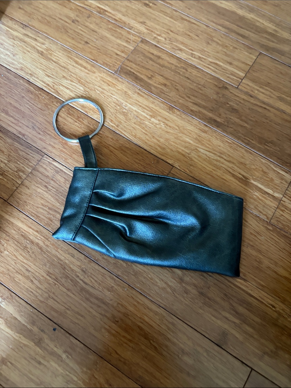 Black Shimmer Leather Wristlet Clutch with Silver Ring